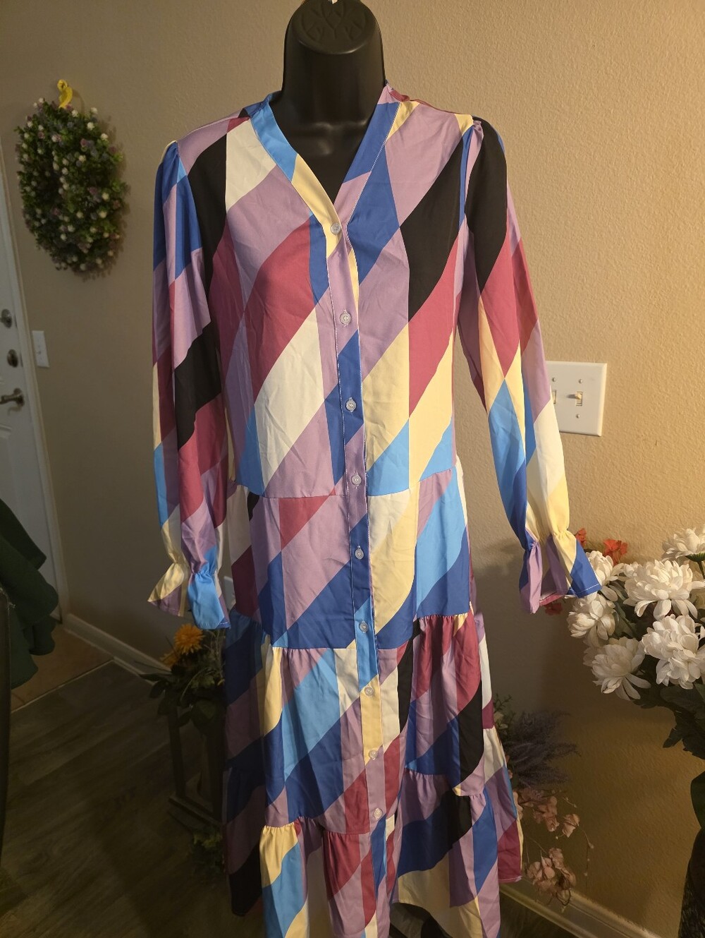 Multicolor Geometric Button-Front Long Sleeve Midi Dress